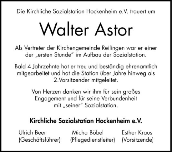 Traueranzeige von Walter Astor von Schwetzinger Zeitung