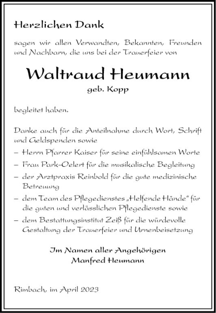  Traueranzeige für Waltraud Heumann vom 22.04.2023 aus Mannheimer Morgen