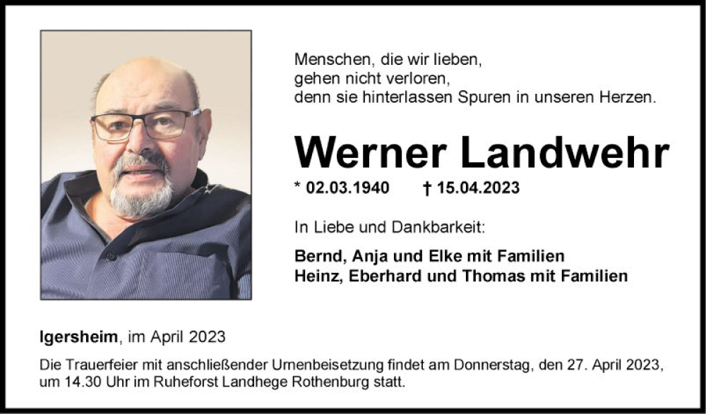  Traueranzeige für Werner Landwehr vom 24.04.2023 aus Fränkische Nachrichten