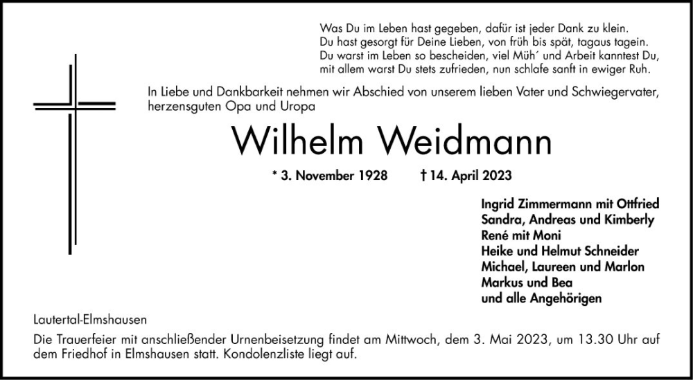  Traueranzeige für Wilhelm Weidmann vom 29.04.2023 aus Bergsträßer Anzeiger