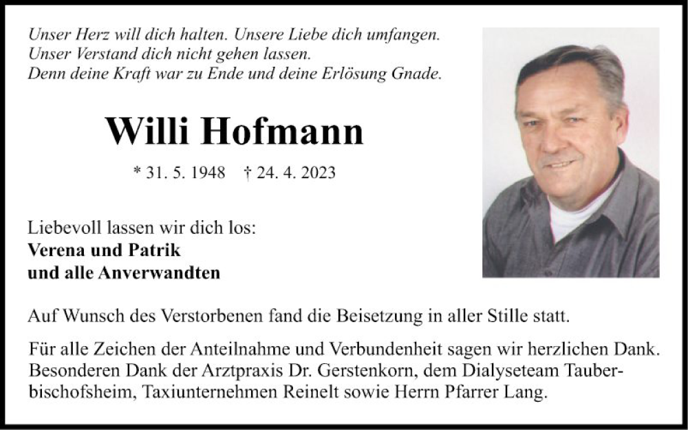  Traueranzeige für Willi Hofmann vom 29.04.2023 aus Fränkische Nachrichten