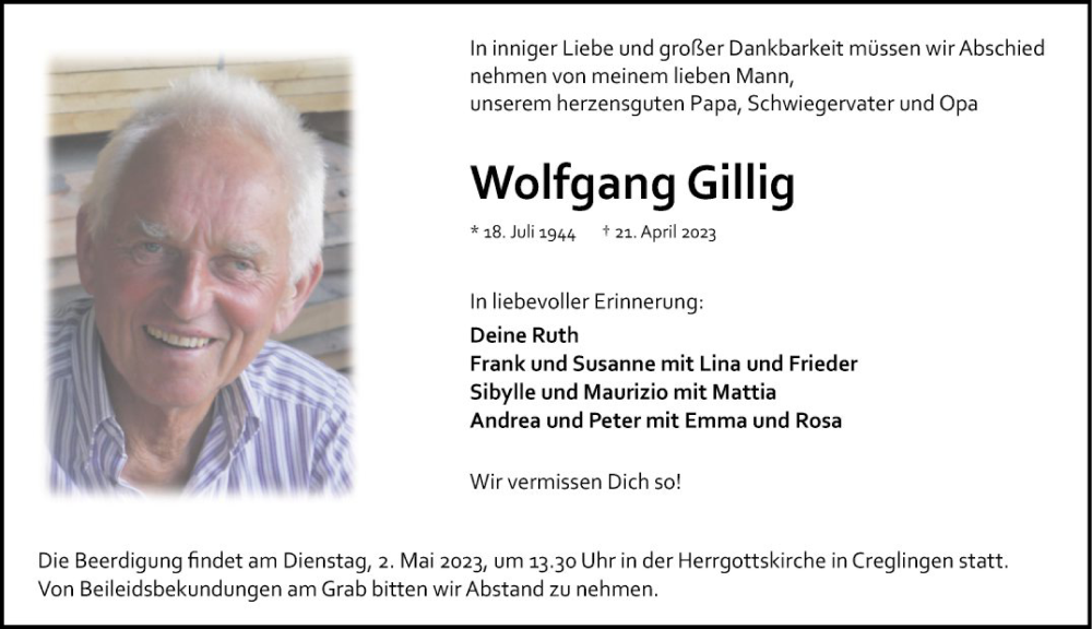  Traueranzeige für Wolfgang Gillig vom 27.04.2023 aus Fränkische Nachrichten