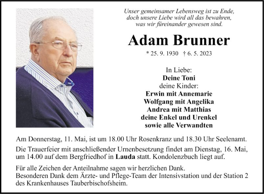  Traueranzeige für Adam Brunner vom 10.05.2023 aus Fränkische Nachrichten