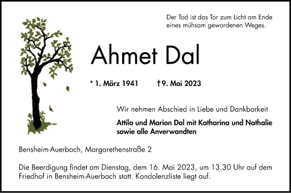  Traueranzeige für Ahmet Dal vom 13.05.2023 aus Bergsträßer Anzeiger