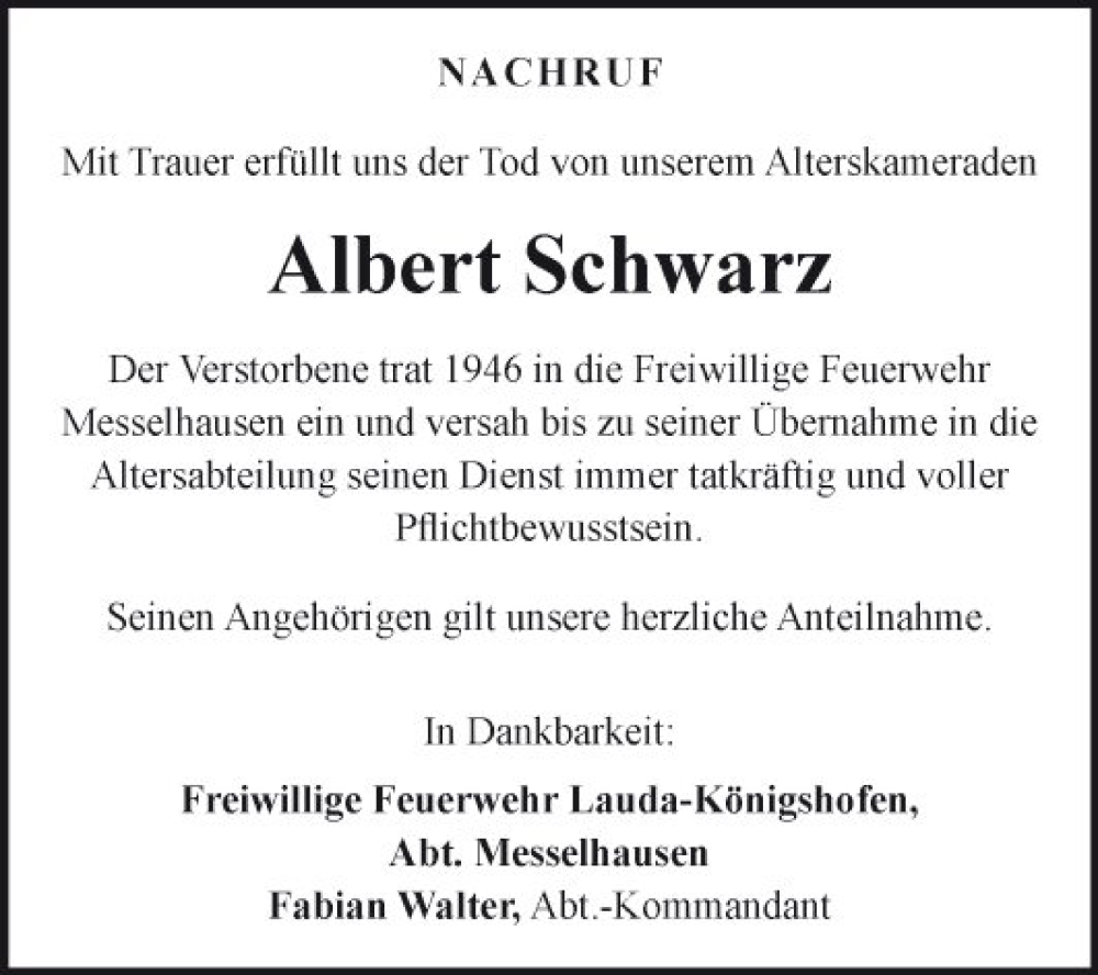  Traueranzeige für Albert Schwarz vom 13.05.2023 aus Fränkische Nachrichten