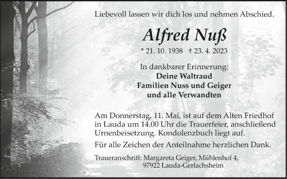  Traueranzeige für Alfred Nuß vom 04.05.2023 aus Fränkische Nachrichten