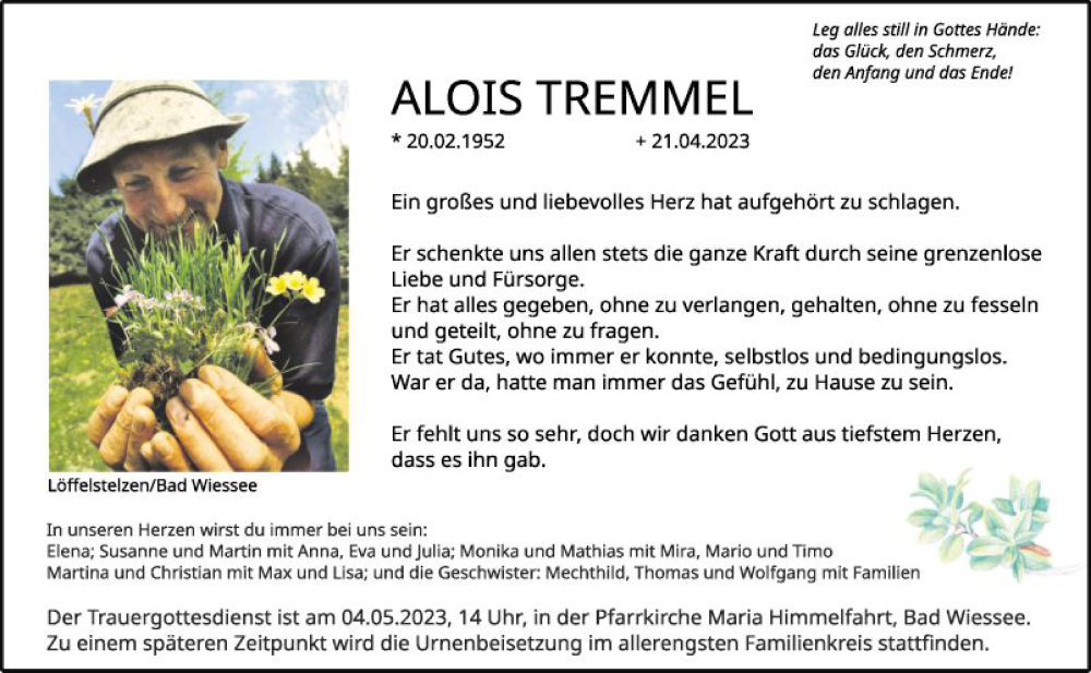  Traueranzeige für Alois Tremmel vom 03.05.2023 aus Fränkische Nachrichten