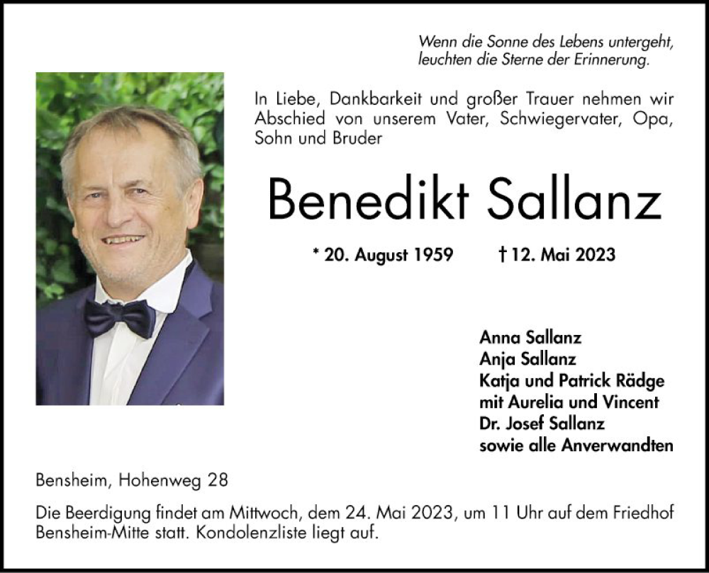  Traueranzeige für Benedikt Sallanz vom 20.05.2023 aus Bergsträßer Anzeiger