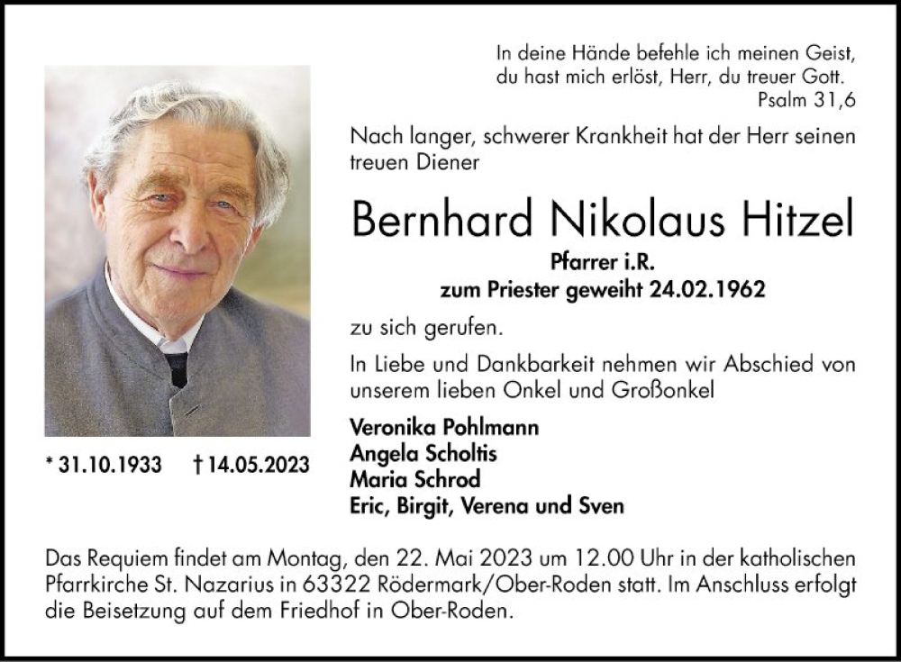  Traueranzeige für Bernhard Nikolaus Hitzel vom 20.05.2023 aus Bergsträßer Anzeiger