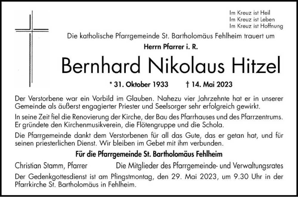  Traueranzeige für Bernhard Nikolaus Hitzel vom 20.05.2023 aus Bergsträßer Anzeiger