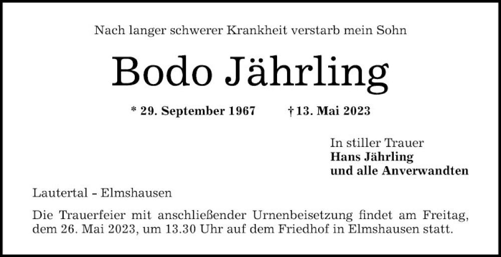  Traueranzeige für Bodo Jährling vom 20.05.2023 aus Bergsträßer Anzeiger