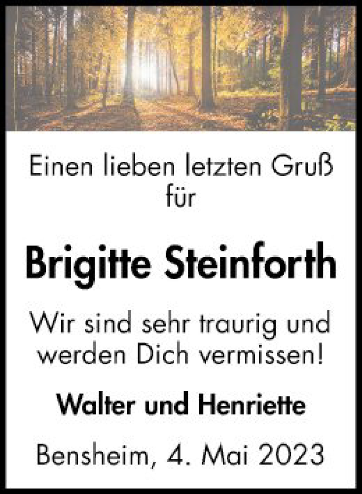  Traueranzeige für Brigitte Steinforth vom 04.05.2023 aus Bergsträßer Anzeiger