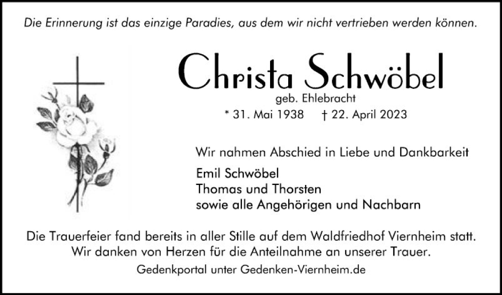  Traueranzeige für Christa Schwöbel vom 09.05.2023 aus Mannheimer Morgen