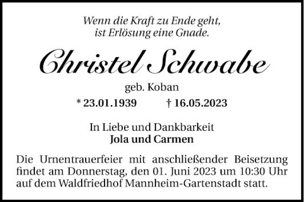  Traueranzeige für Christel Schwabe vom 27.05.2023 aus Mannheimer Morgen