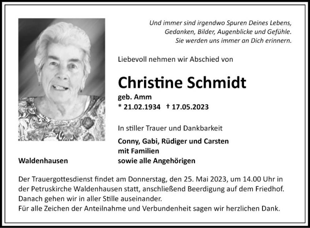  Traueranzeige für Christine Schmidt vom 23.05.2023 aus Fränkische Nachrichten