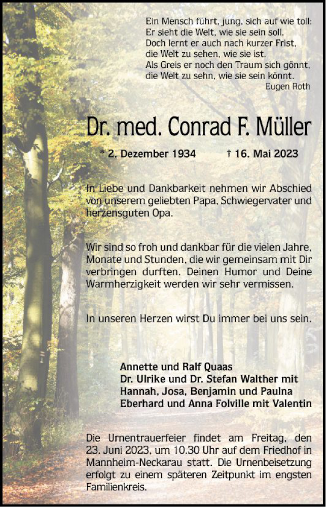  Traueranzeige für Conrad F. Müller vom 27.05.2023 aus Mannheimer Morgen