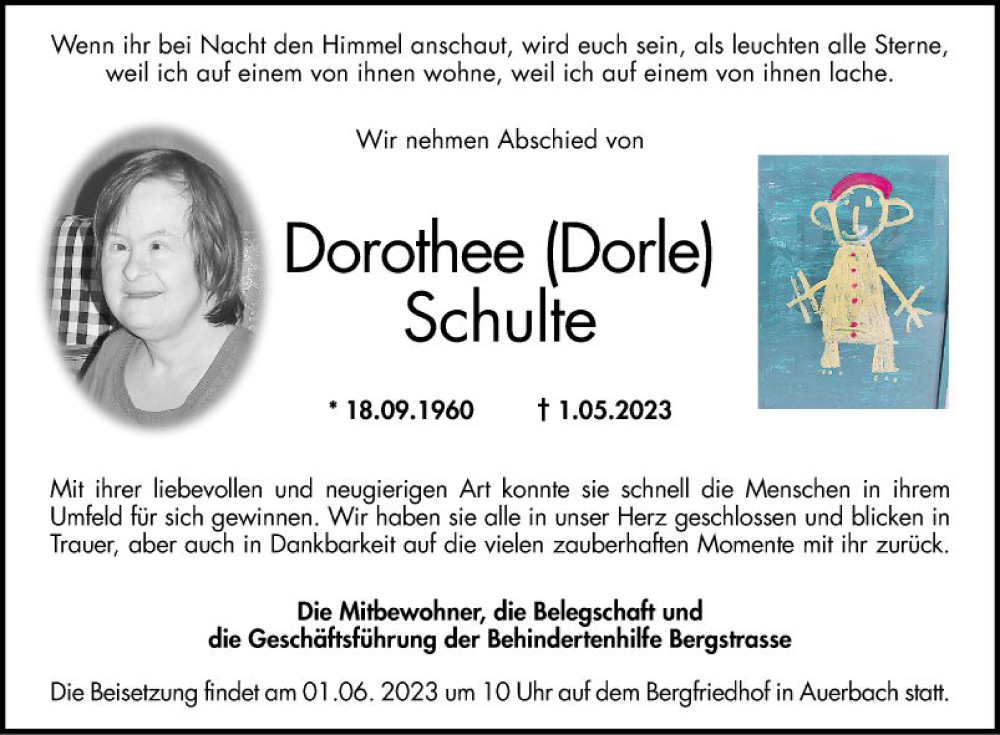  Traueranzeige für Dorothee Schulte vom 27.05.2023 aus Bergsträßer Anzeiger