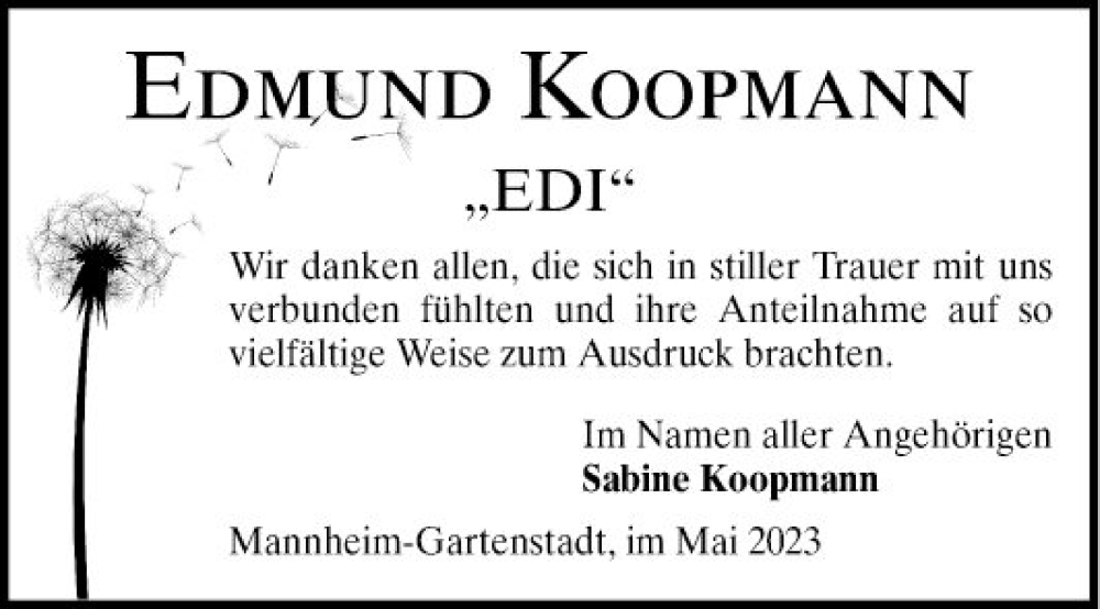  Traueranzeige für Edmund Koopmann vom 13.05.2023 aus Mannheimer Morgen