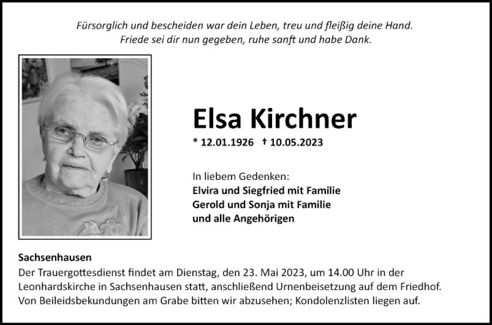  Traueranzeige für Elsa Kirchner vom 17.05.2023 aus Fränkische Nachrichten