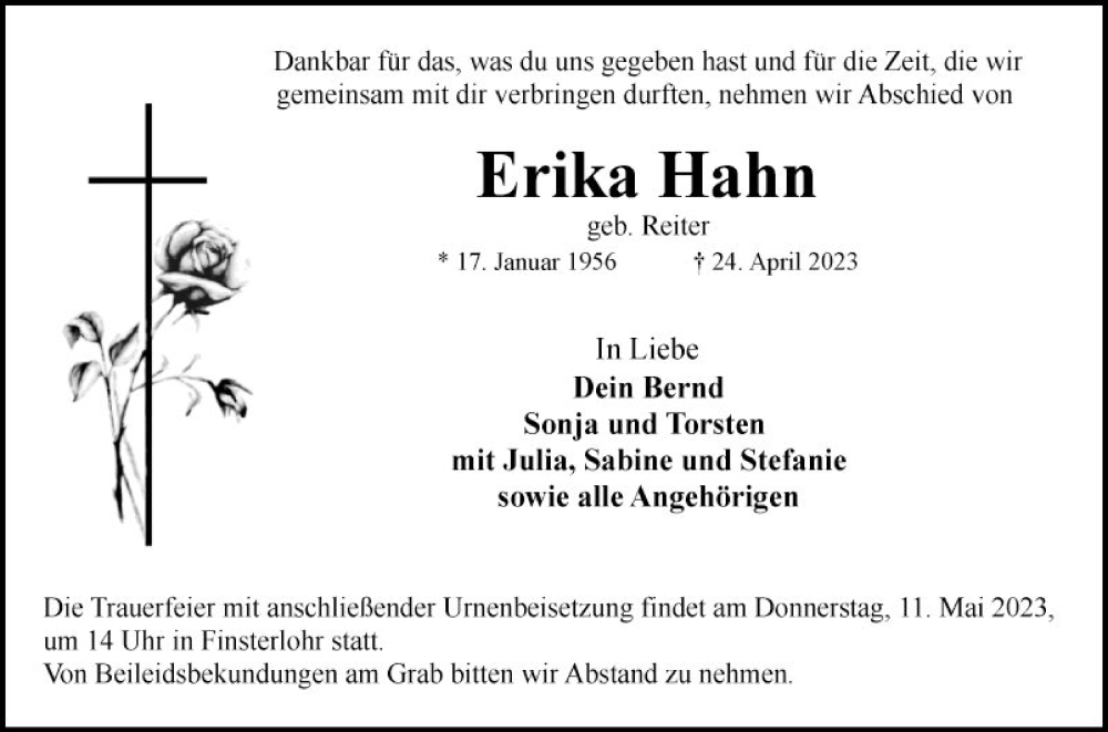  Traueranzeige für Erika Hahn vom 09.05.2023 aus Fränkische Nachrichten