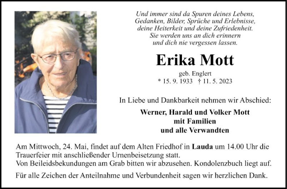  Traueranzeige für Erika Mott vom 19.05.2023 aus Fränkische Nachrichten