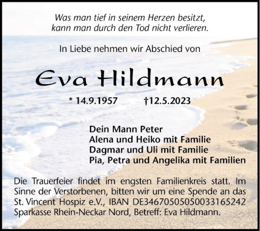  Traueranzeige für Eva Hildmann vom 27.05.2023 aus Mannheimer Morgen