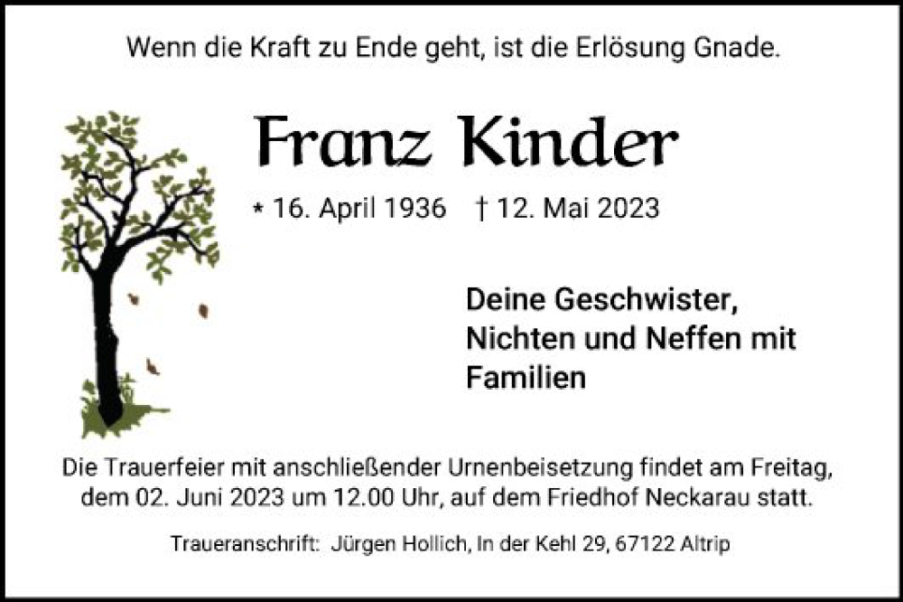  Traueranzeige für Franz Kinder vom 27.05.2023 aus Mannheimer Morgen