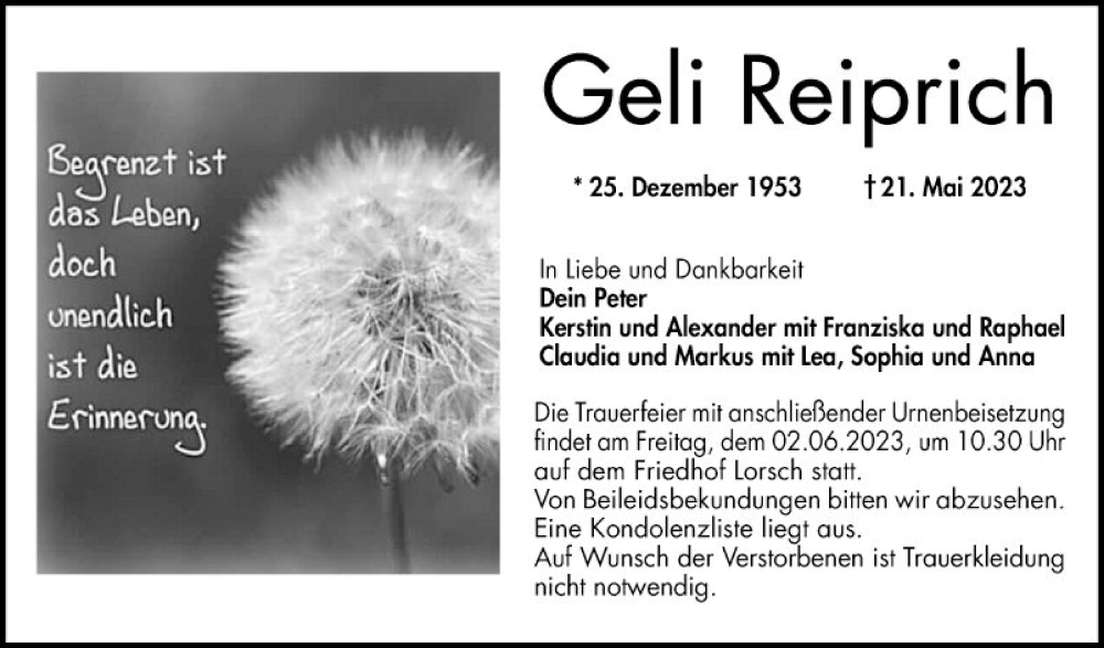 Traueranzeige für Geli Reiprich vom 27.05.2023 aus Bergsträßer Anzeiger