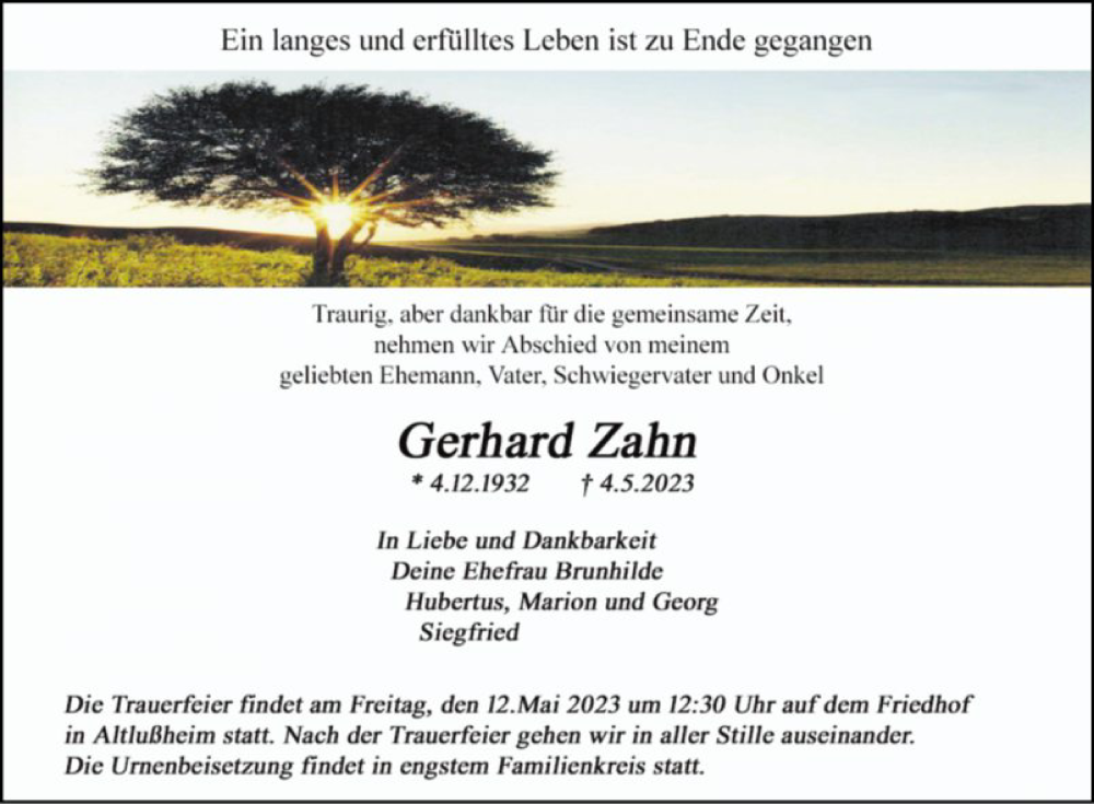  Traueranzeige für Gerhard Zahn vom 10.05.2023 aus Schwetzinger Zeitung