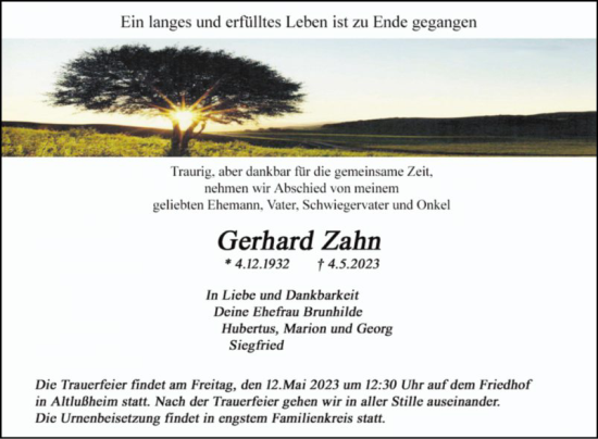 Traueranzeige von Gerhard Zahn von Schwetzinger Zeitung