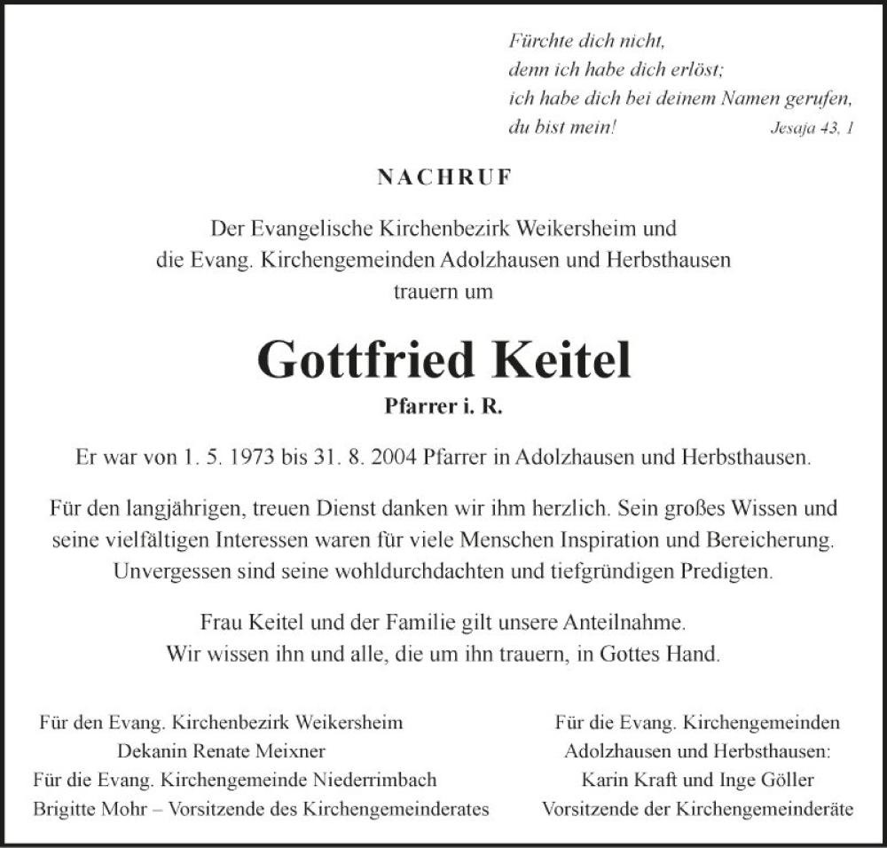  Traueranzeige für Gottfried Keitel vom 06.05.2023 aus Fränkische Nachrichten