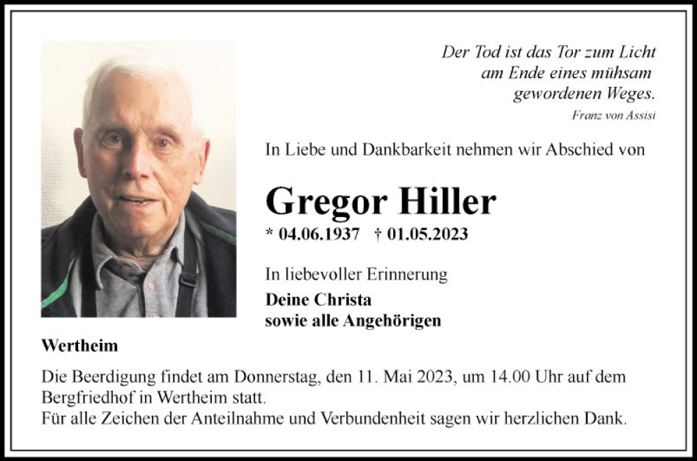  Traueranzeige für Gregor Hiller vom 06.05.2023 aus Fränkische Nachrichten