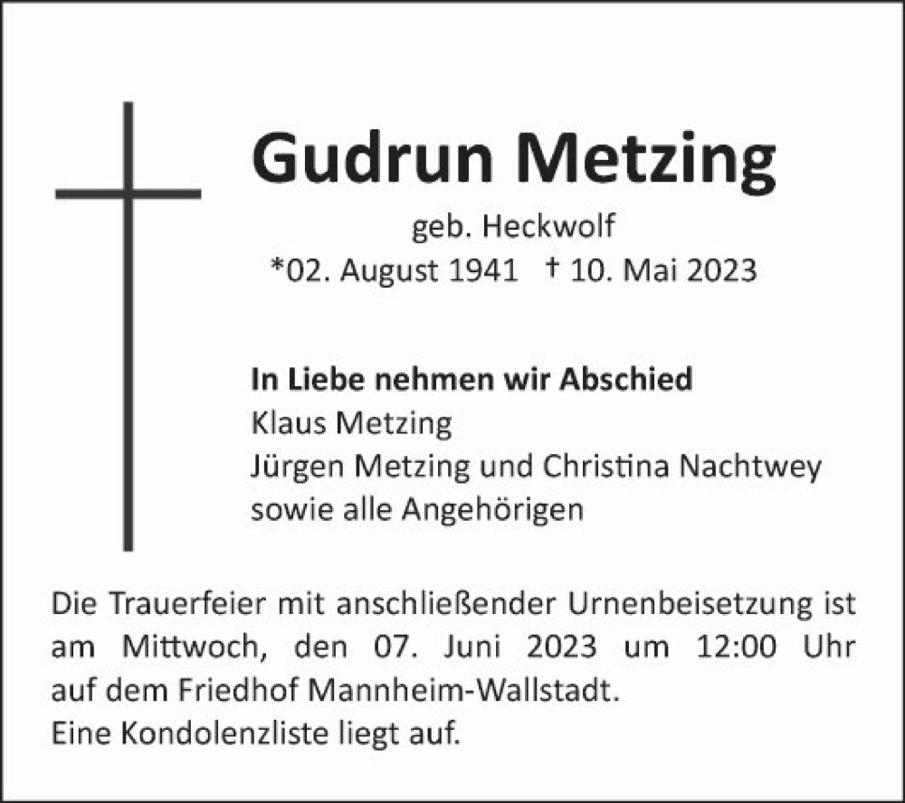  Traueranzeige für Gudrun Metzing vom 27.05.2023 aus Mannheimer Morgen