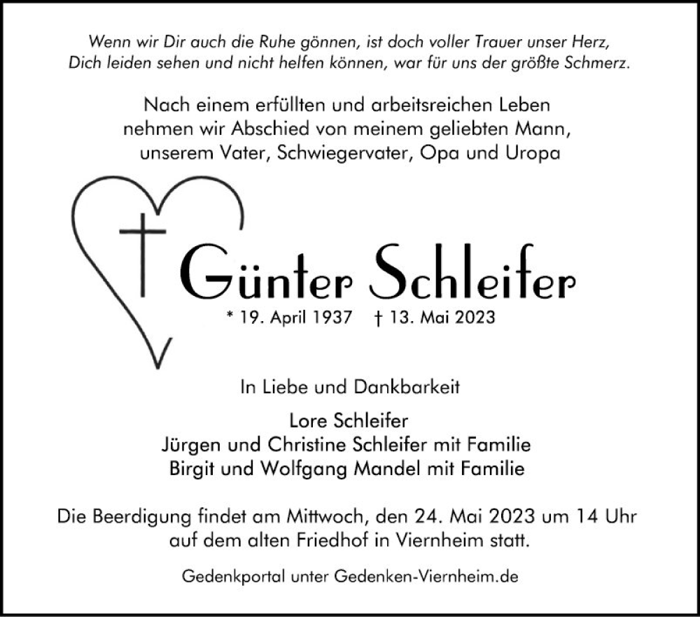  Traueranzeige für Günter Schleifer vom 20.05.2023 aus Mannheimer Morgen