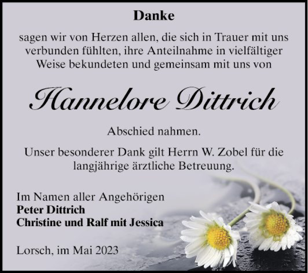  Traueranzeige für Hannelore Dittrich vom 27.05.2023 aus Bergsträßer Anzeiger