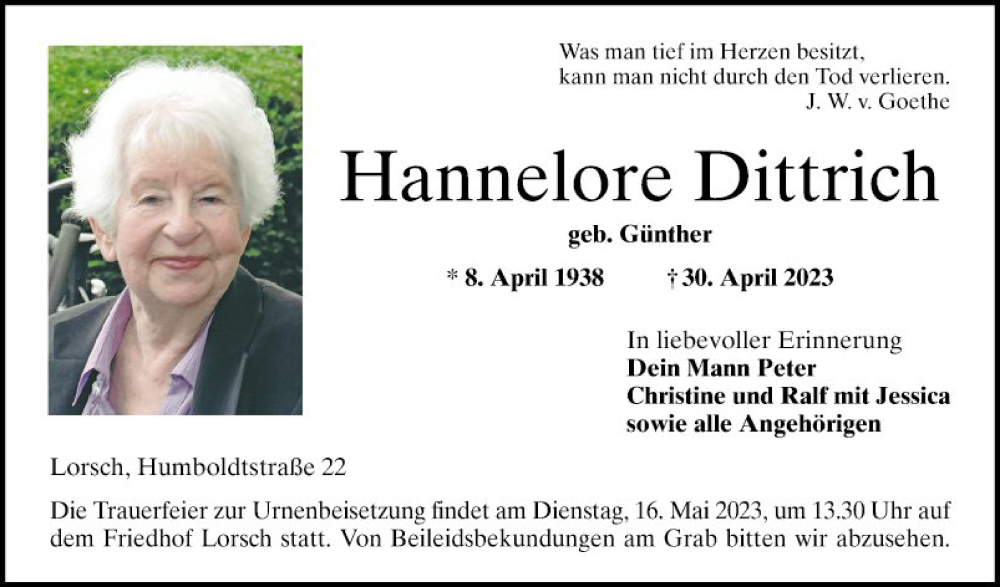  Traueranzeige für Hannelore Dittrich vom 13.05.2023 aus Bergsträßer Anzeiger
