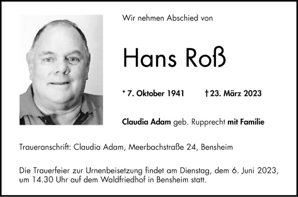  Traueranzeige für Hans Roß vom 27.05.2023 aus Bergsträßer Anzeiger