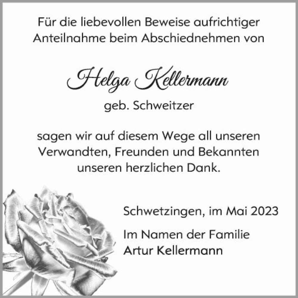  Traueranzeige für Helga Kellermann vom 26.05.2023 aus Schwetzinger Zeitung