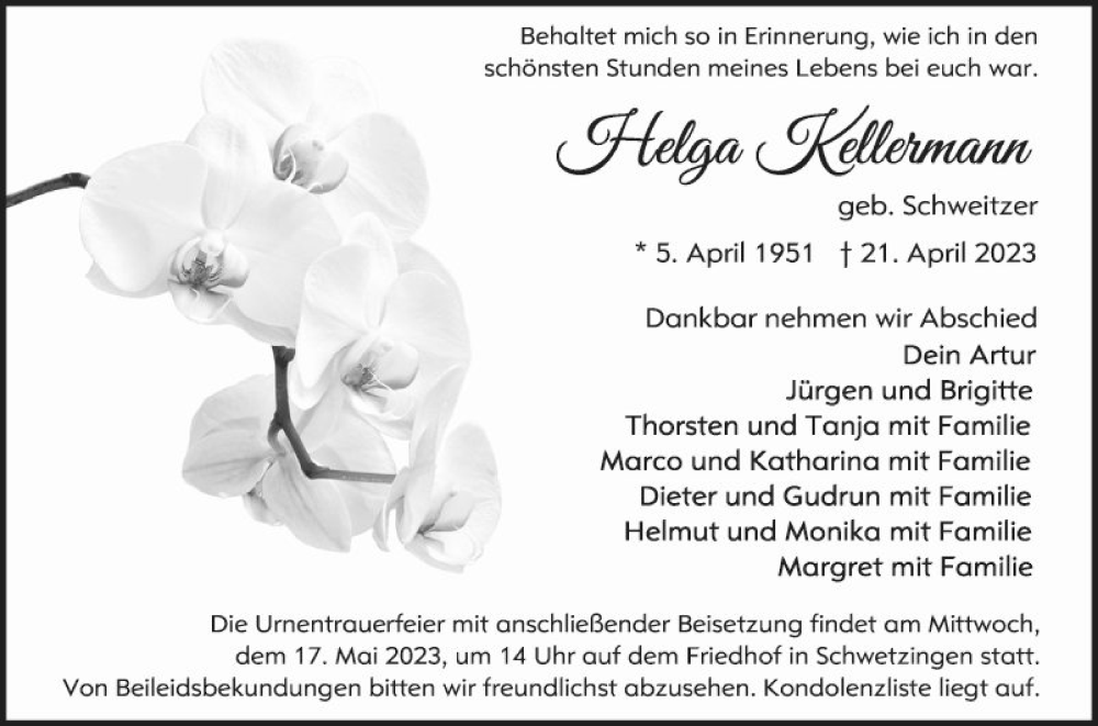  Traueranzeige für Helga Kellermann vom 10.05.2023 aus Schwetzinger Zeitung