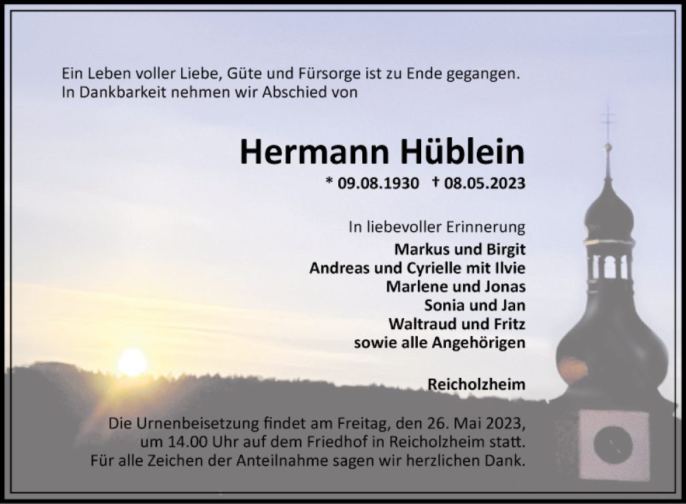  Traueranzeige für Hermann Hüblein vom 13.05.2023 aus Fränkische Nachrichten
