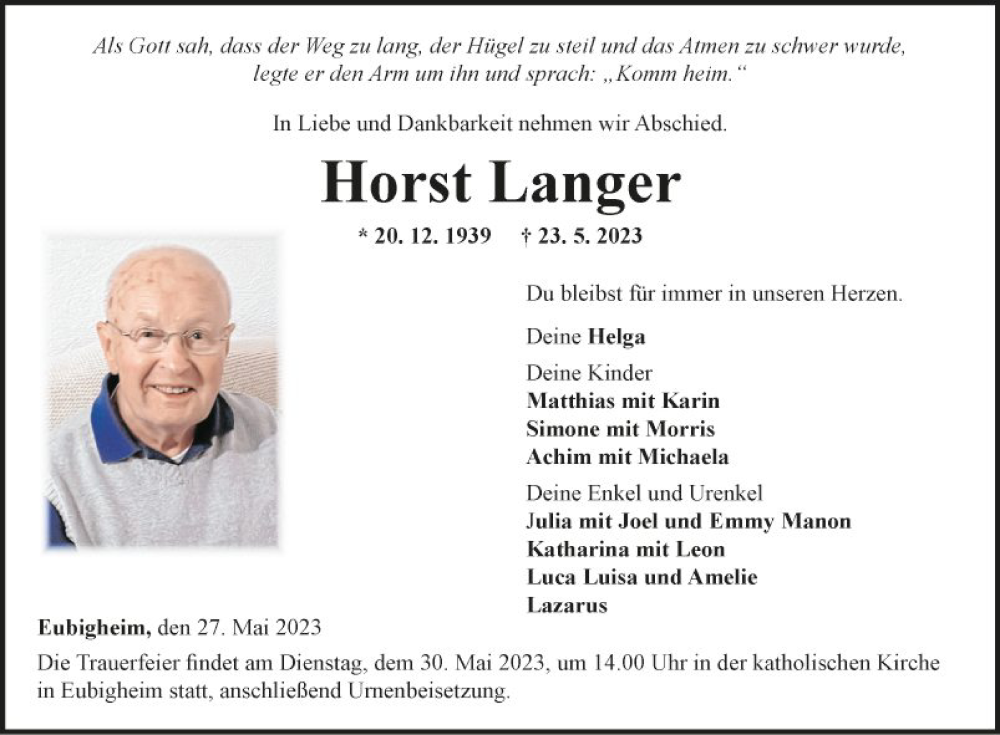  Traueranzeige für Horst Langer vom 27.05.2023 aus Fränkische Nachrichten