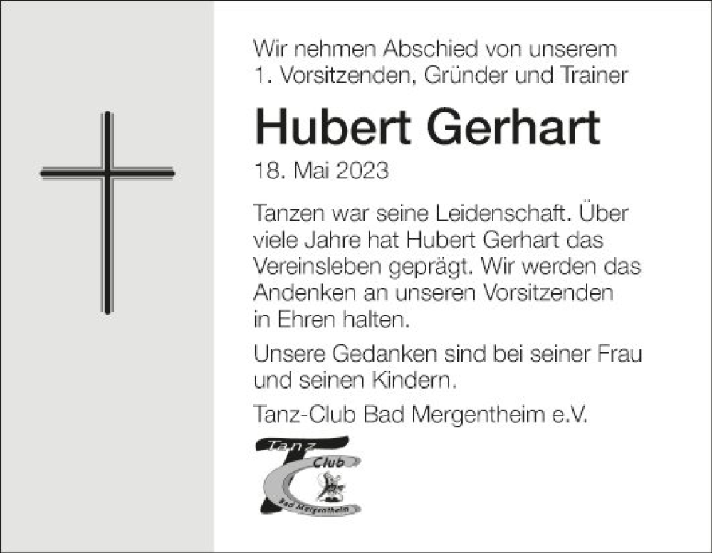  Traueranzeige für Hubert Gerhart vom 31.05.2023 aus Fränkische Nachrichten