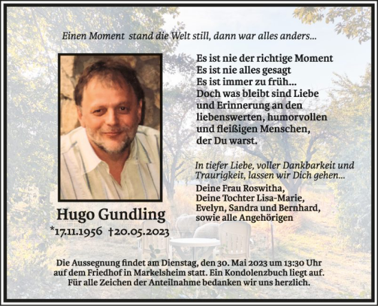 Traueranzeige von Hugo Gundling von Fränkische Nachrichten