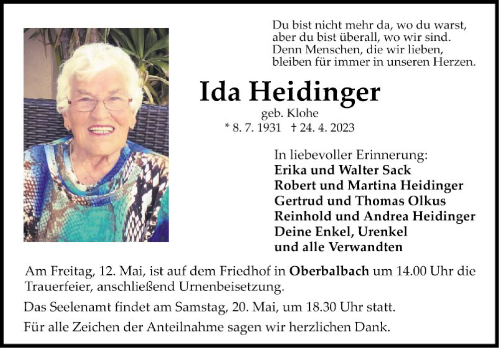  Traueranzeige für Ida Heidinger vom 06.05.2023 aus Fränkische Nachrichten