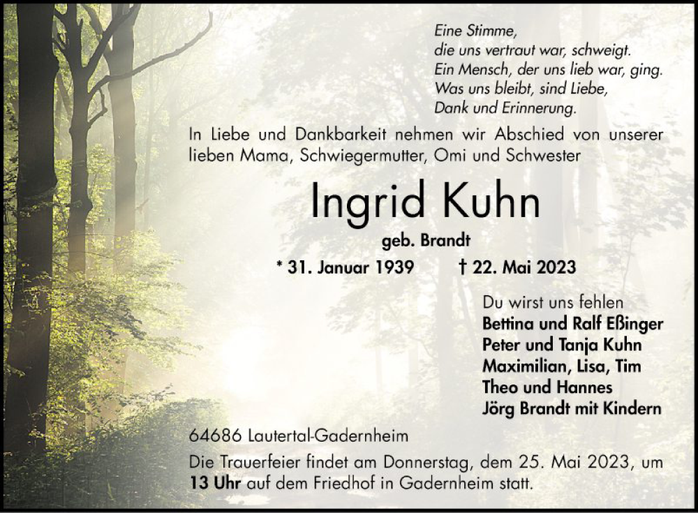  Traueranzeige für Ingrid Kuhn vom 24.05.2023 aus Bergsträßer Anzeiger