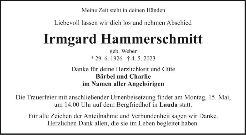  Traueranzeige für Irmgard Hammerschmitt vom 10.05.2023 aus Fränkische Nachrichten