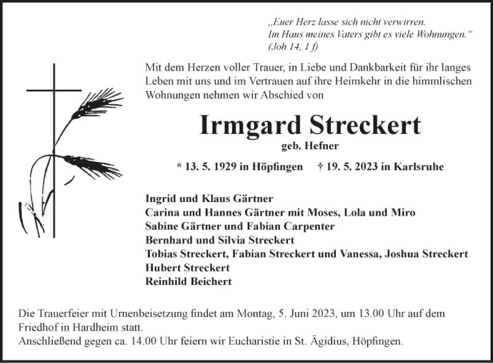  Traueranzeige für Irmgard Streckert vom 27.05.2023 aus Fränkische Nachrichten