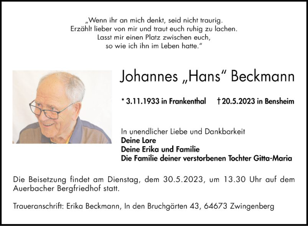  Traueranzeige für Johannes Beckmann vom 27.05.2023 aus Bergsträßer Anzeiger