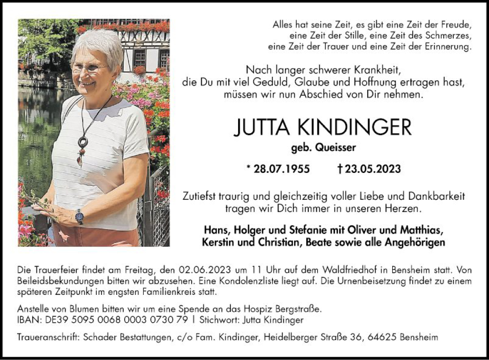  Traueranzeige für Jutta Kindinger vom 27.05.2023 aus Bergsträßer Anzeiger