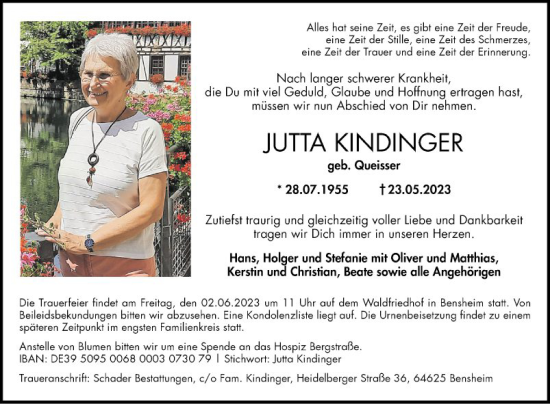 Traueranzeige von Jutta Kindinger von Bergsträßer Anzeiger